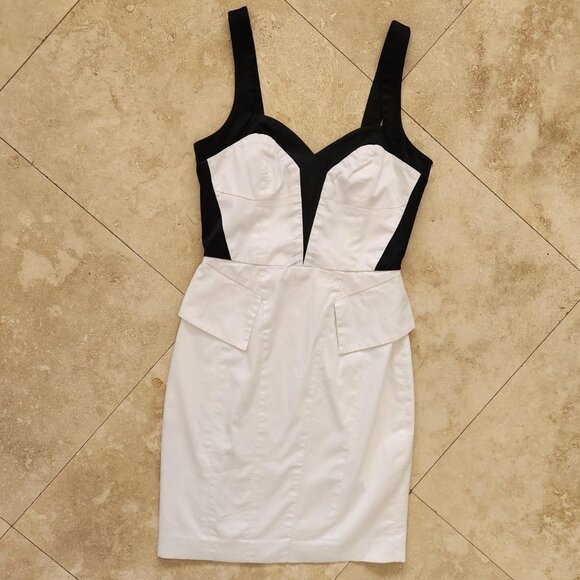 Bebe Sz 4 Black White Monochrome Sweetheart Neckline Peplum Dress Club Party Out - Picture 4 of 14